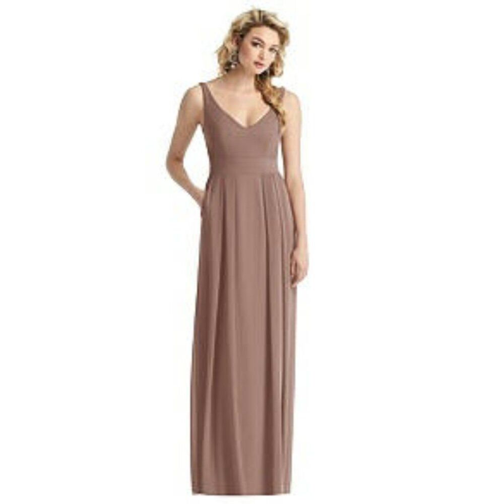 Dessy After Six Long Nude/Tan Chiffon Bridesmaid Formal Dress Pockets